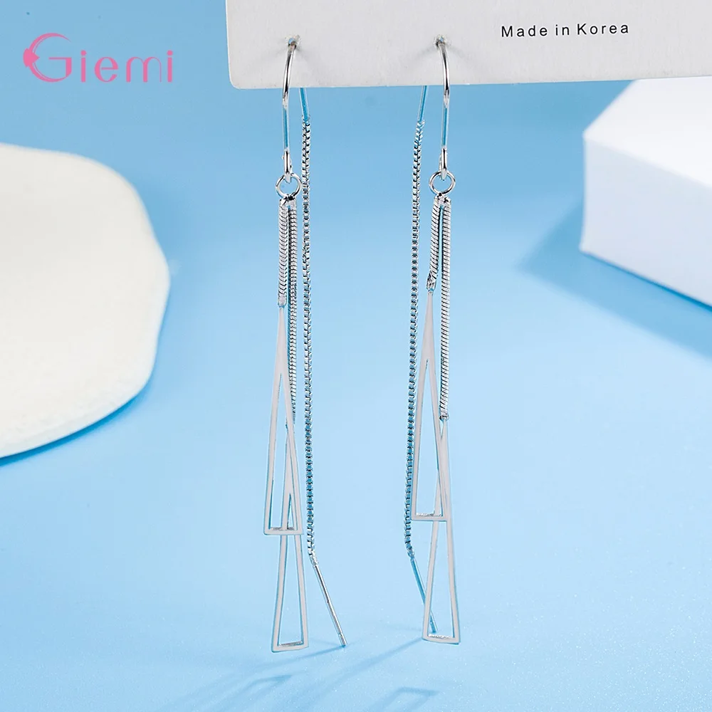 925 Sterling Silver Earrings Fashion Jewelry Simple Geometric Tassel Long Box Chain Thread Pendientes Ear Decoration Ornaments - 5