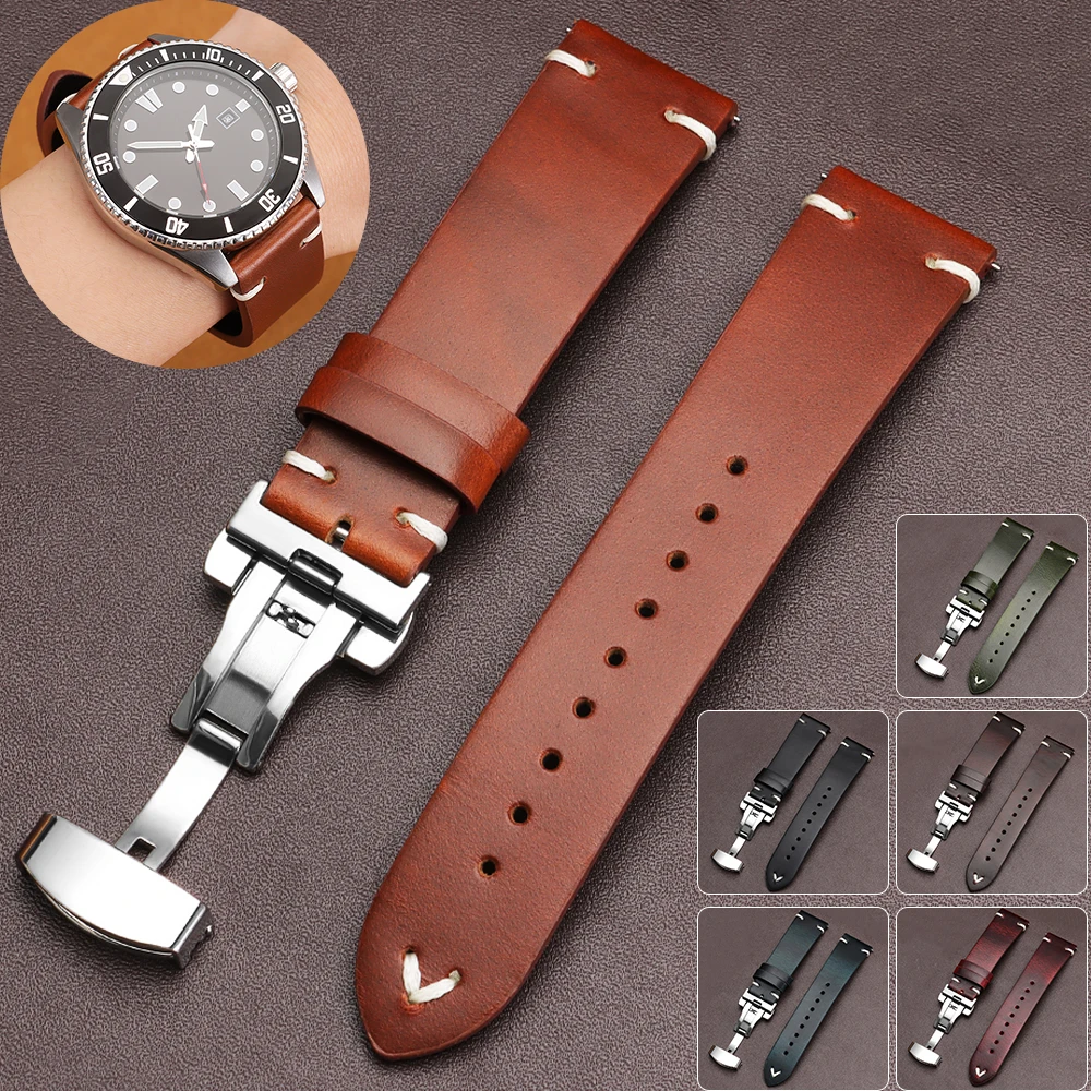 Vintage Brown Leather Cowhide Watch Strap with Quick Release and Butterfly Buckle