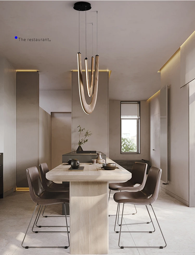 A modern dining area featuring a rectangular wooden table, six brown chairs, minimalist decor, and the contemporary Double Curve Wood Pendant Light hanging above.