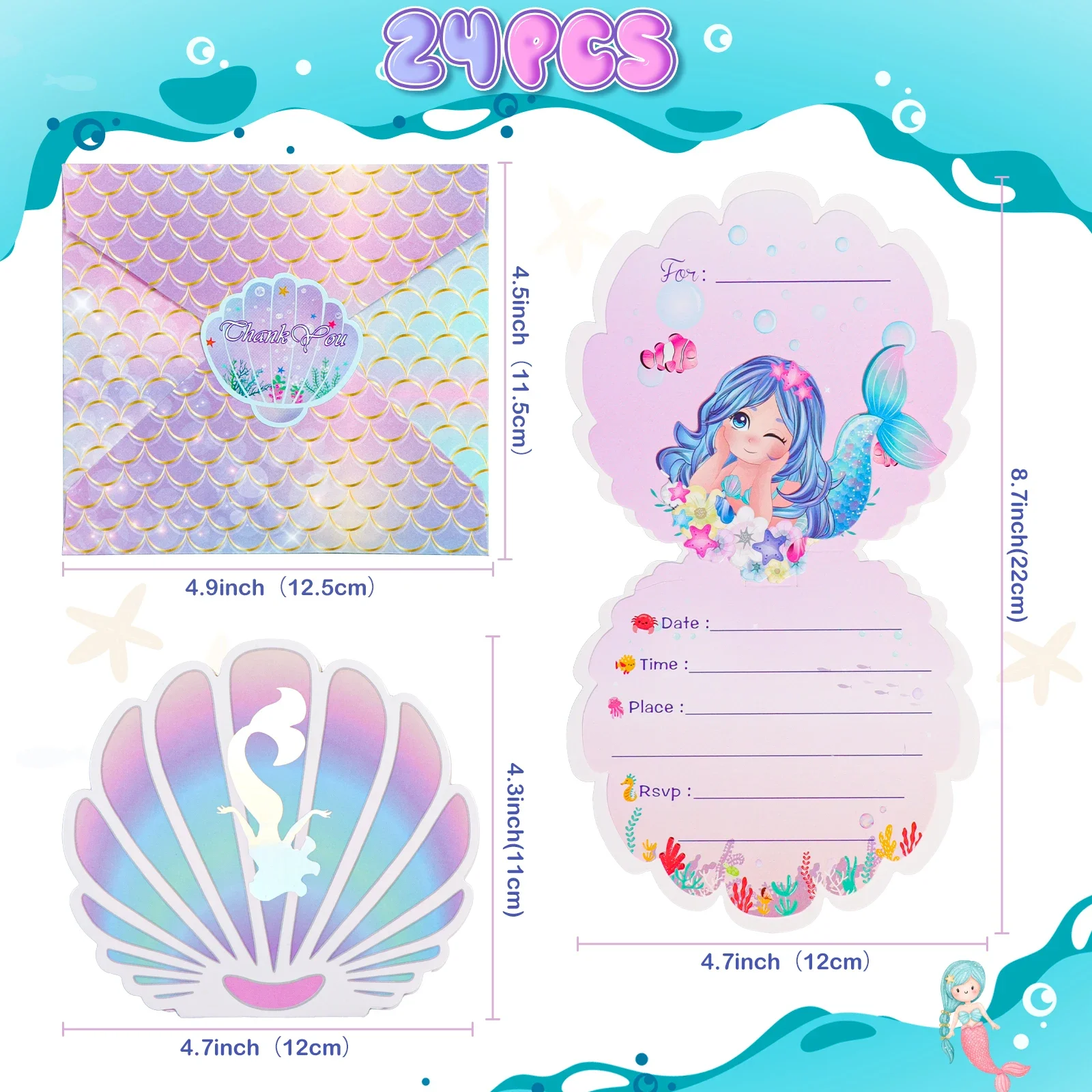 Greeting Cards Mermaid Birthday Invitations 3D Pearlescent