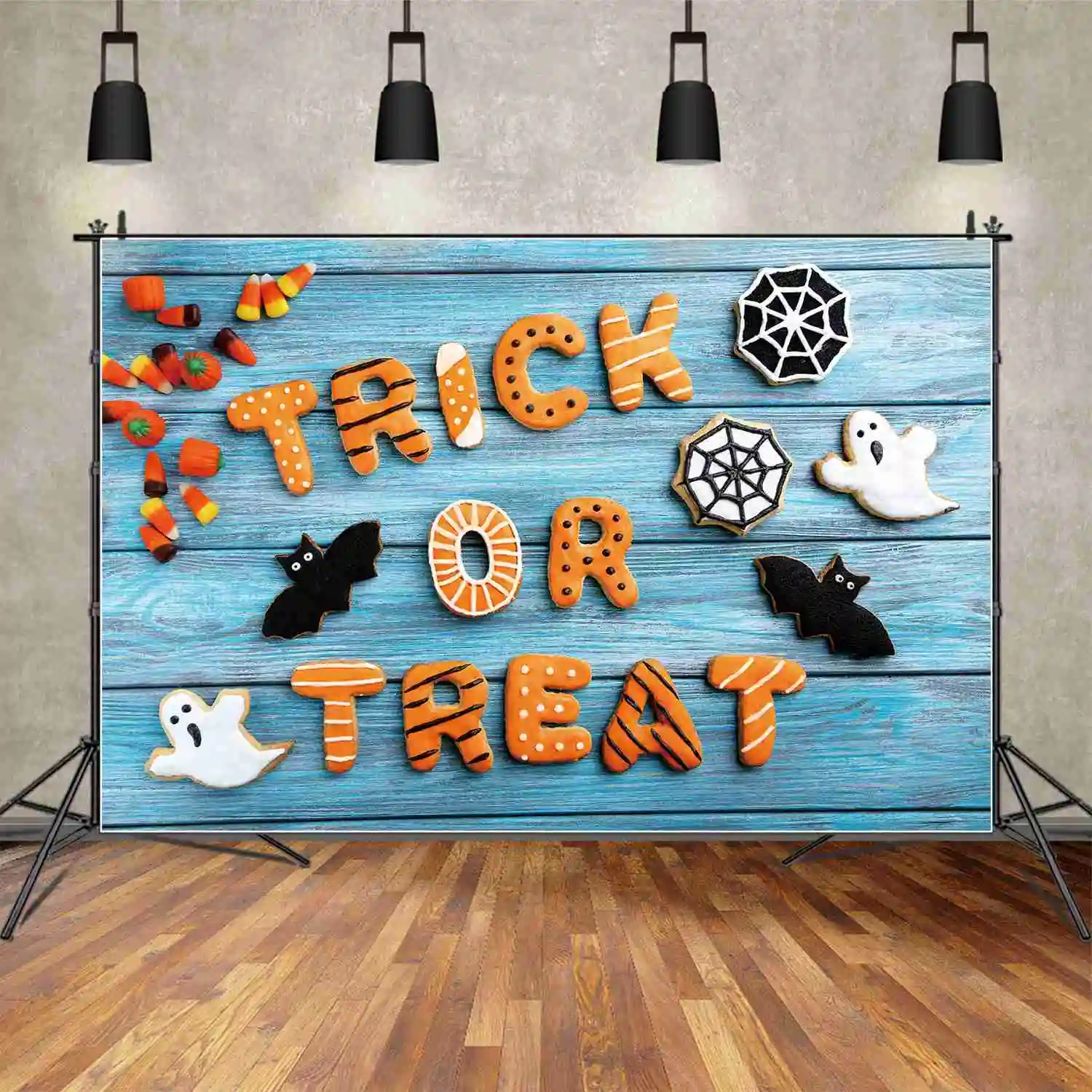 Moon.Qg Fondale Halloween Dolcetto O Scherzetto Banner Blue Wood Board Background Spider Web Ghost Bat Bambini Party Photo Booth Prop