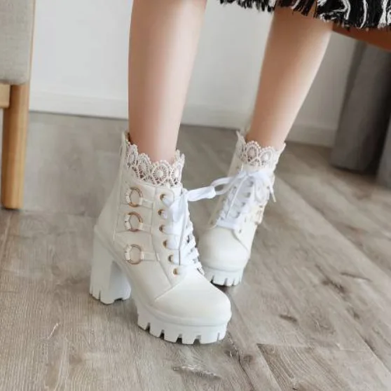 

Woman Flat Boots White Shoes Round Toe Clogs Platform Low Ankle Ladies High Heel Rubber Leather Lace-Up Fabric Solid Basic Floc