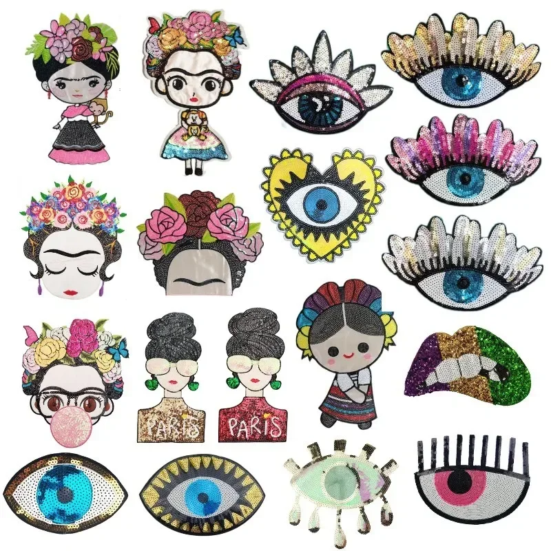 

Mexican Cartoon Character Sequin Patches and Appliques Eyes Fan Iron-on Patches DIY Flower Applique Thermo Adhesive Sticker
