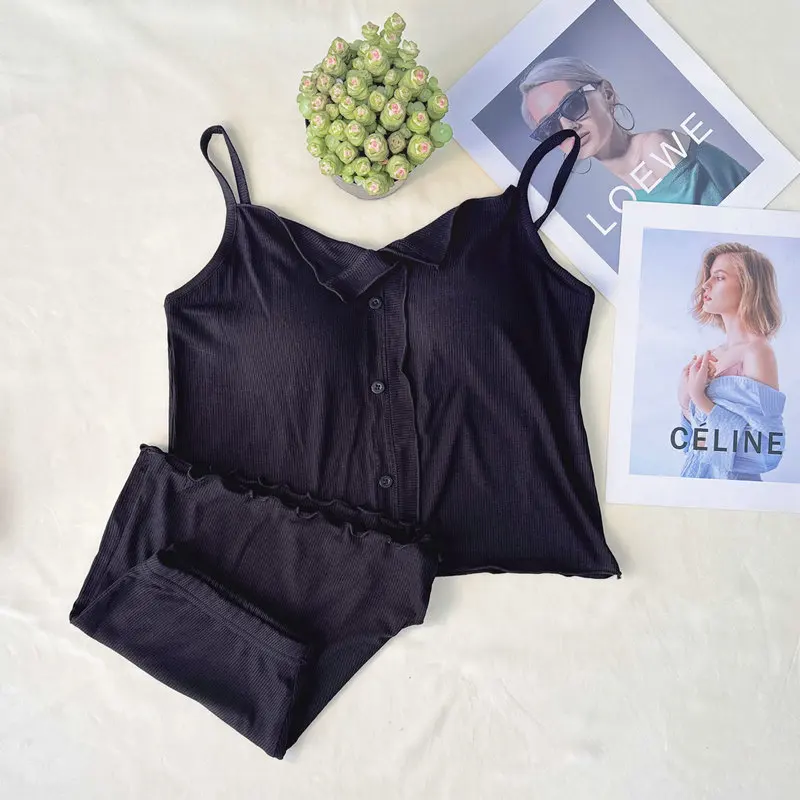 Conjuntos De Pijama Neue Sexy Baumwolle Sling Top Shorts Set Bh Pad Sommer Nachtwäsche Pyjamas Für Frauen Hause Tragen Nachtwäsche Anzug – Detail 6