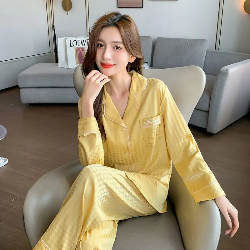 couple snight pijamas long sleeved silk sleepwear silk pajamas for women pajamas set pijamas african loungewear mens sleep tops Silk Pajamas for Women 2023 New Luxury Pyjamas Houndstooth Pijamas Long-sleeved Pants Pajama Set At Home 5XL Plue Size