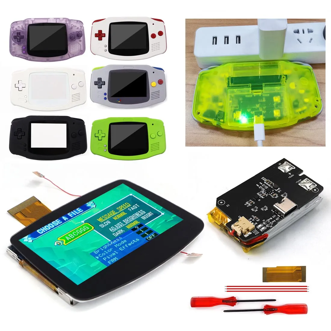 Hispeedido Drop in GBA IPS V5 LCD Screen Shell Kits W/1800mAh Rechargeable Built-in Lithium Battery for GameBoy Advance