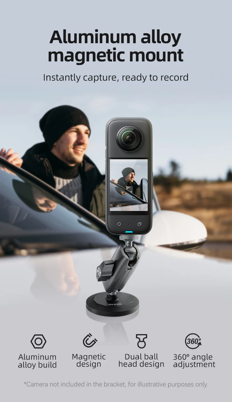 Aluminum Alloy Magnetic Action Camera Holder 360° Adjustable 1/4 Adapter For In