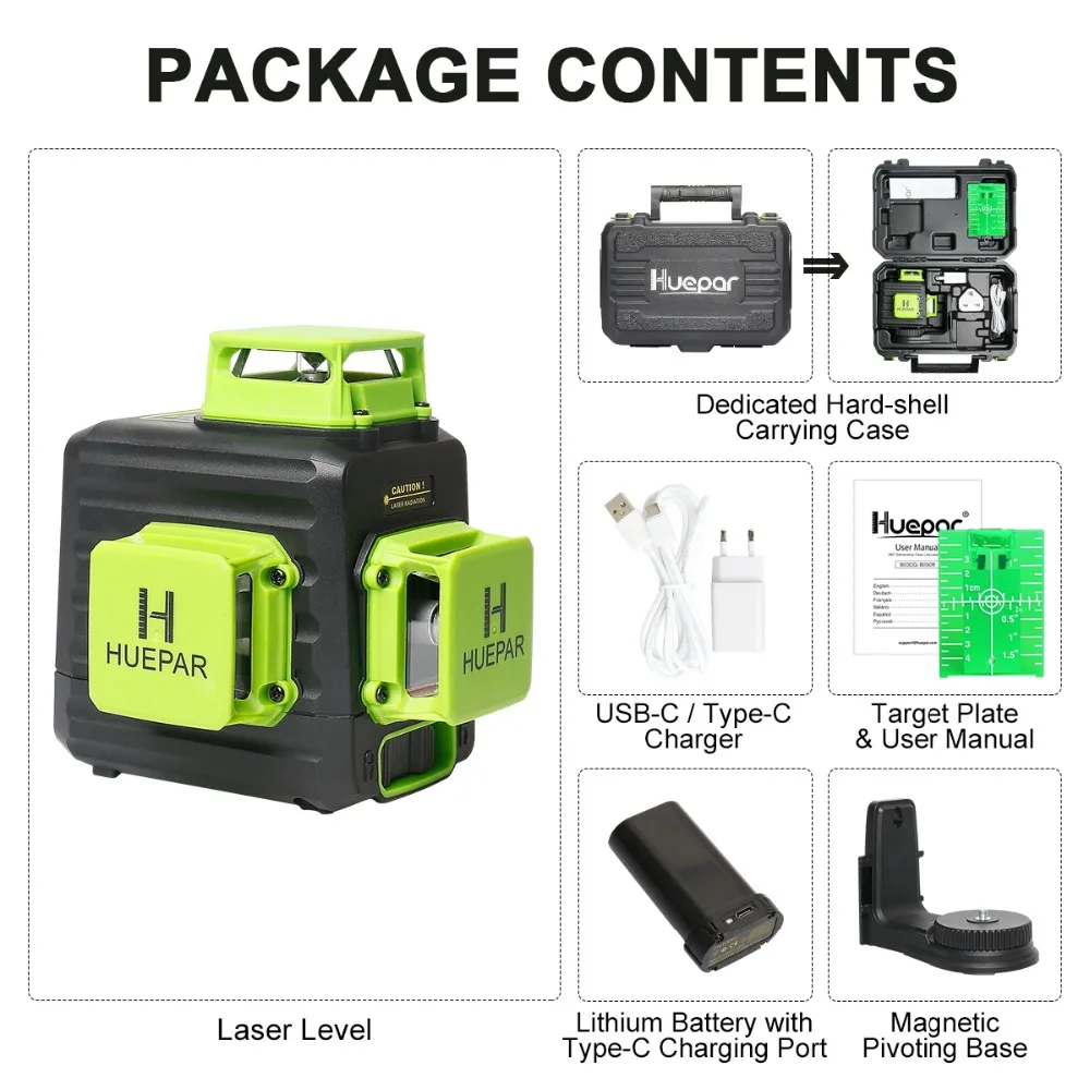 Huepar 3D Cross Line Self-leveling Laser Level 12 lines Green Beam Li-ion Battery with Type-C Charging Port & Hard Carry Case - Image 3