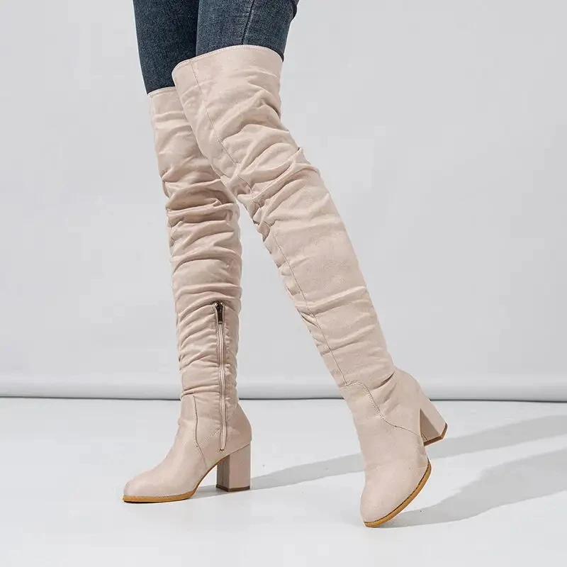 Comfortable Knee-High Winter Boots for Women Ladies Flat Frosted Over-the-Knee PU Rubber Boots with 7.5cm Height