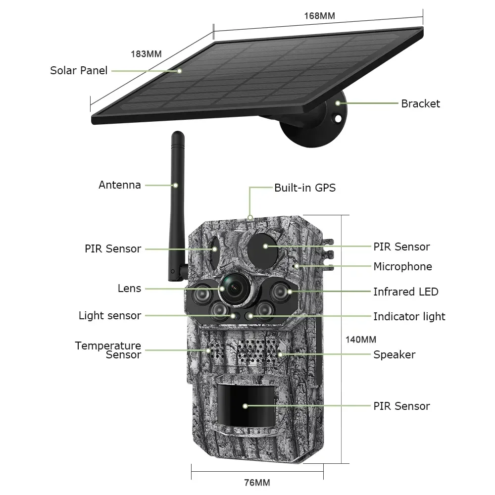 4G GPS Solar Powered Hunting Trail Camera Photo Trap with 125 Degree Wide Detection Angle 940nm Invisible LEDs 0.1s Trigger Time