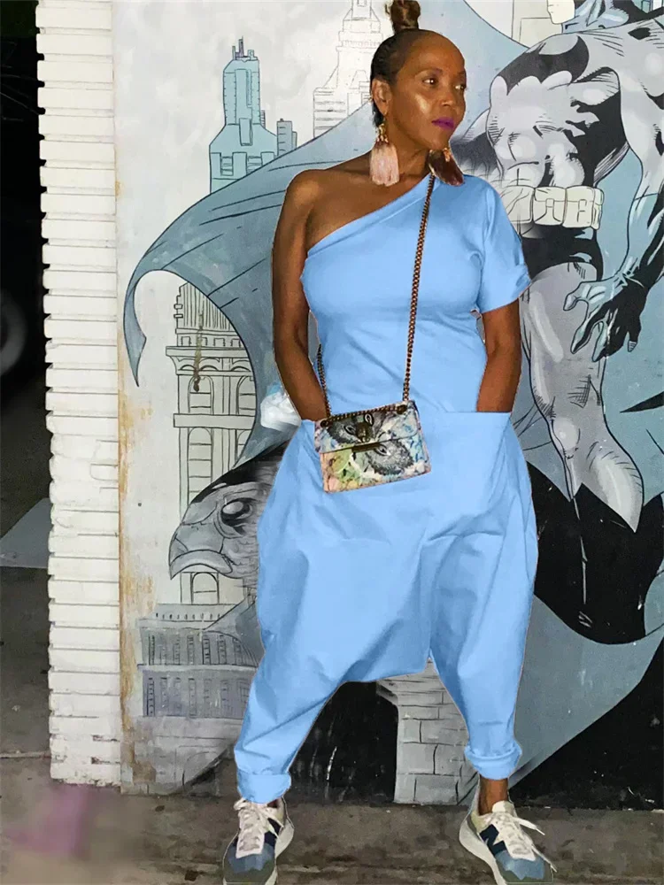 Wmstar Women Jumpsuit Summer Fashion New Solid Color Slanted Shoulder Wide Leg Pants Loose Fitting Holiday Party Ladies Suits