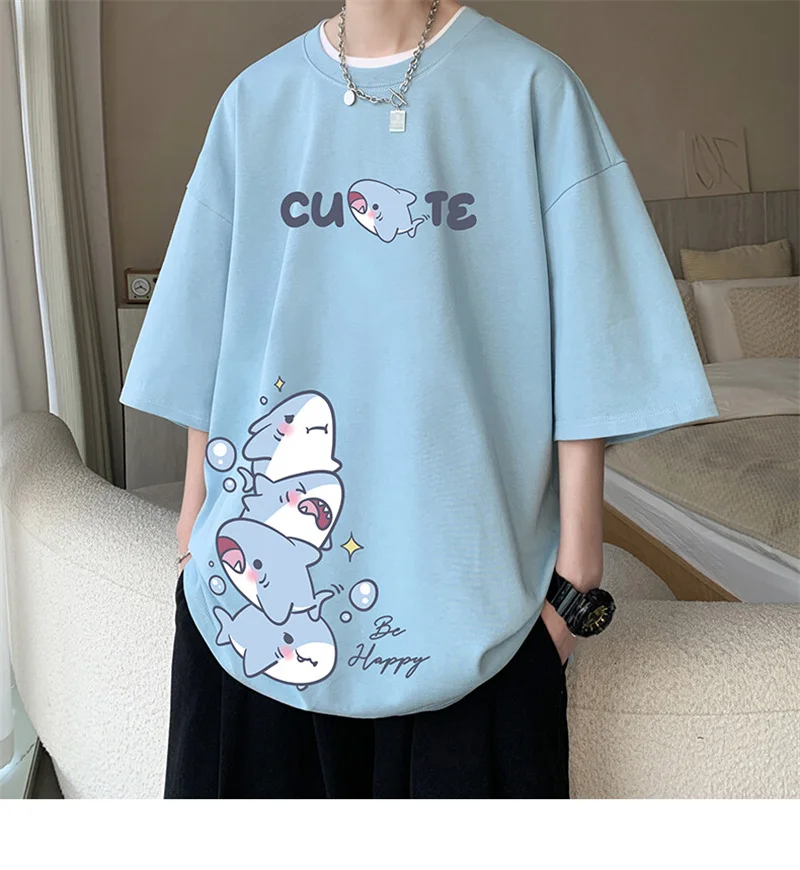 Men's Cotton T-shirts White Men Oversized T Shirt Anime Shark Print Summer Casual Wear 5XL Tee Shirts Big Size Male Clothes