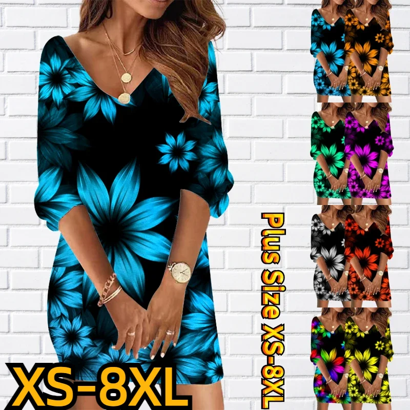 

Winter Women's V-neck Elegant Seven-point Sleeve Dress Sexy Short Skirt Fall New Design Print Slim Skirt Vintage Mini Skirt
