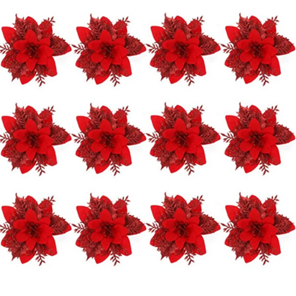 thumbnail image 1 of Flores artificiales de Navidad con purpurina de 13 cm, decoración para árbol de Navidad, adornos de Año Nuevo, flores falsas para Navidad, regalos, 1 of 5