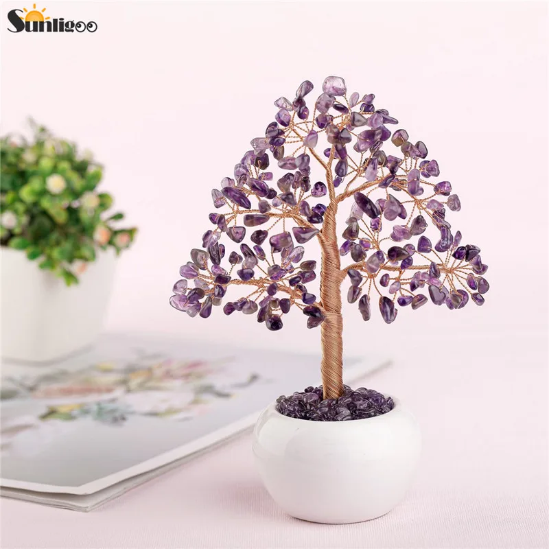 Sunligoo Crystal Feng Shui Money Trees Ornaments Mini Healing Gemstones Bonsai Tree Figurines W/ Ceramic Vase Office Home Decor