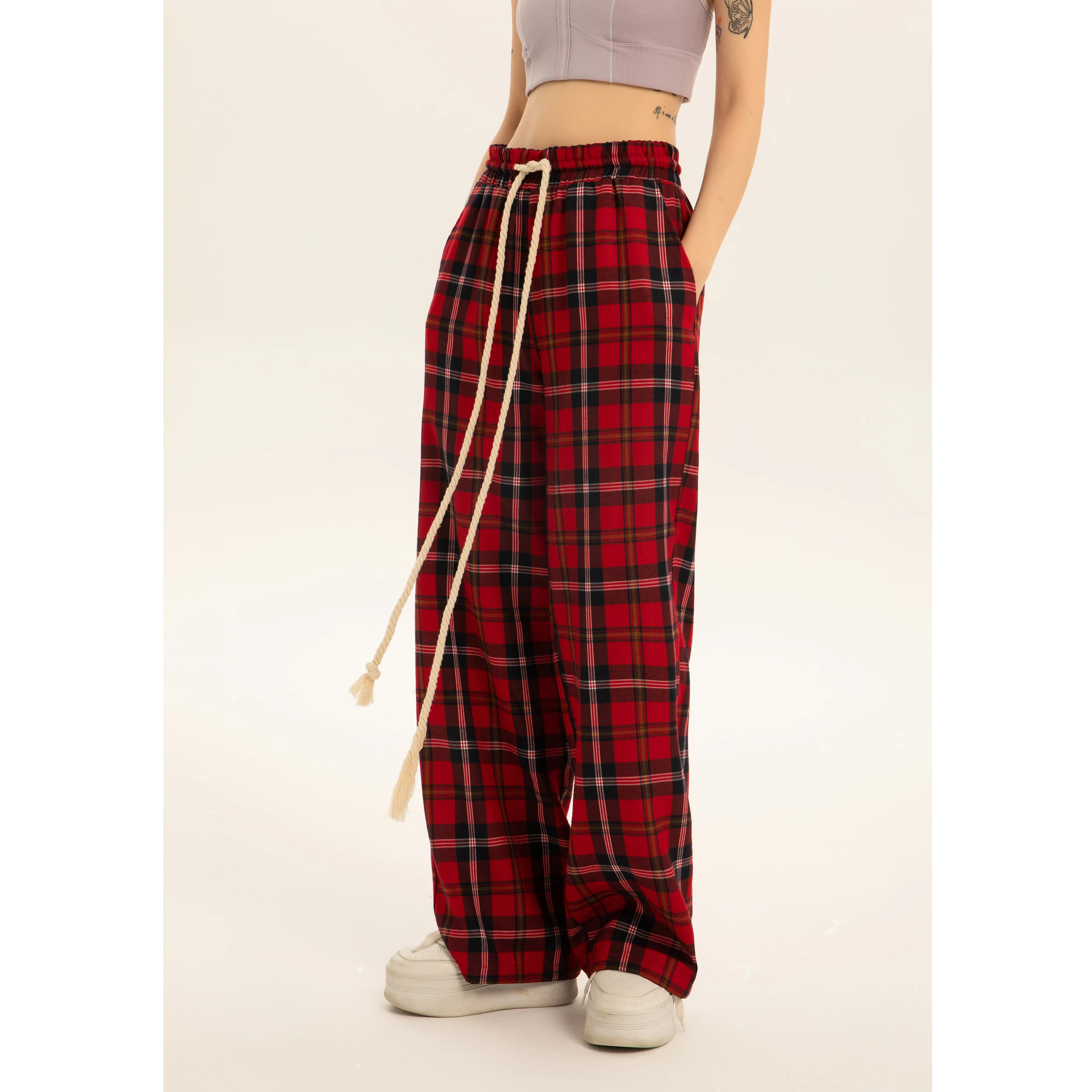 Straight Wide-Leg Pants High Waist Red Plaid Retro Casual Mopping Pants Women's American Style Street Style Spring and Autumn