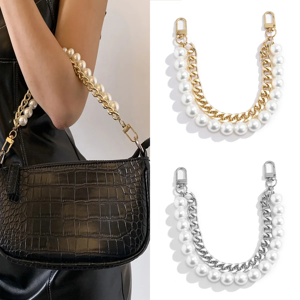 

Vintage Pearls Metal Chain Strap Handbag Accessories 26CM Bag Straps For Handbags Handles For Handbag Imitation Pearl Bag Chain