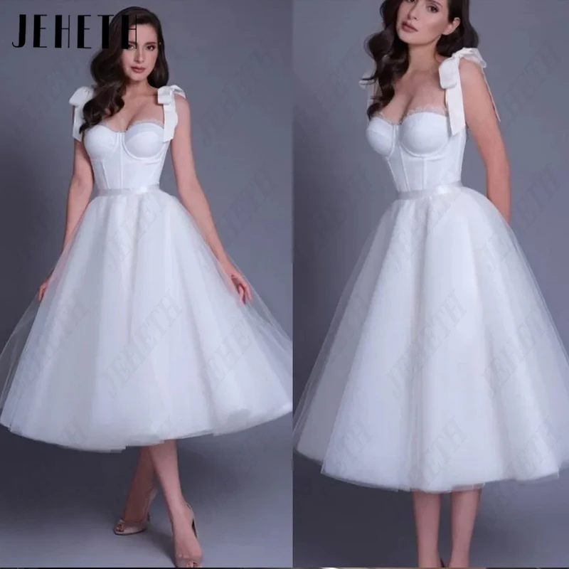 

JEHETH Lace Spaghetti Straps Prom Dress Women Sweetheart Tulle Evening Gowns Vintage A-Line Backless Robes De Soirée Tea-Length