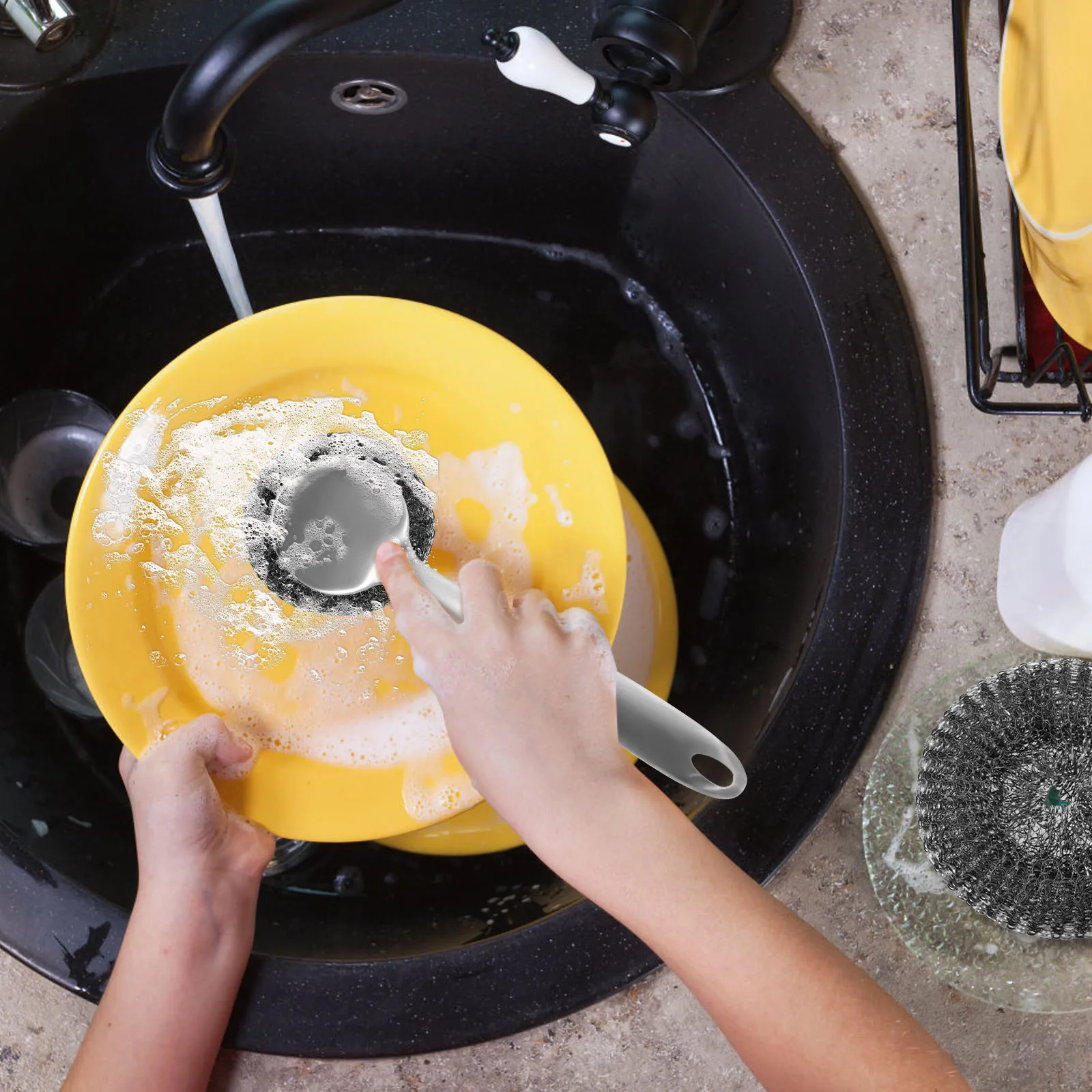 Steel Wire Ball Pot Brush Long Handle Kitchen Scrubber