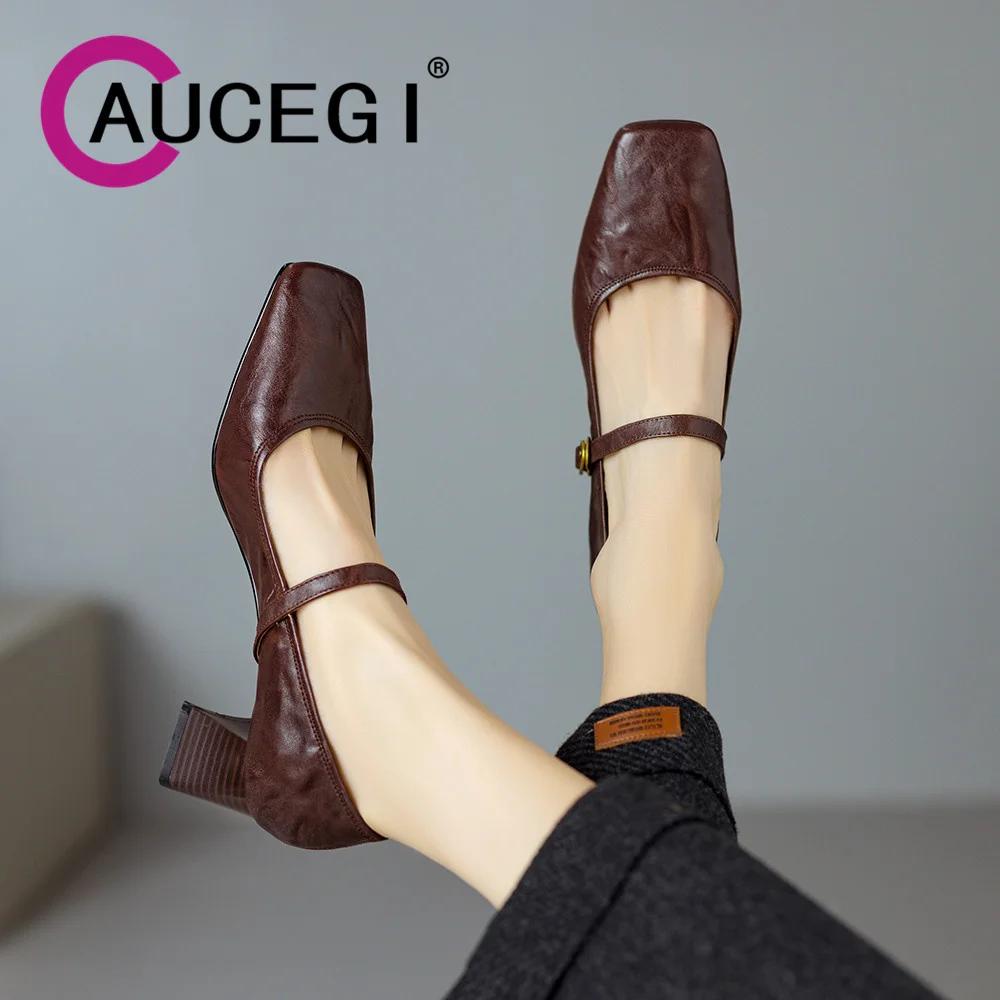 

Aucegi New Mary Jane Buckle Pumps Women Thick Heels Elegant Shallow Square Toe Genuine Leather Fashion All Match Outdoor Shoes