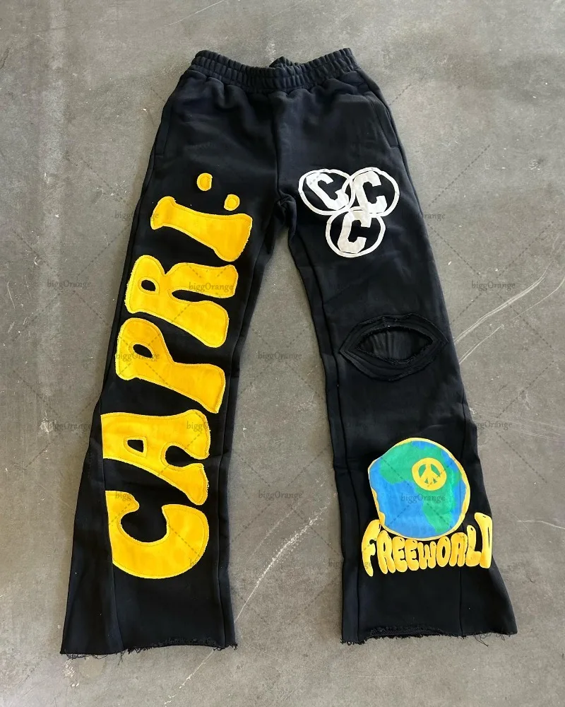 Wide Leg Pants Men American Street Hip-hop Embroidered High Street Fashion Loose Casual Knitted