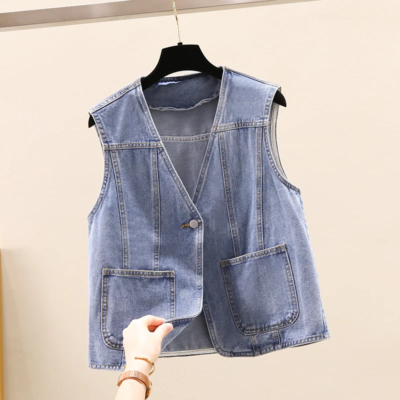 

Vintage Blue Denim Vest Women Slim Short Student Cowboy Waistcoat Spring Autumn Big Pocket Sleeveless Jeans Jacket Coat Female