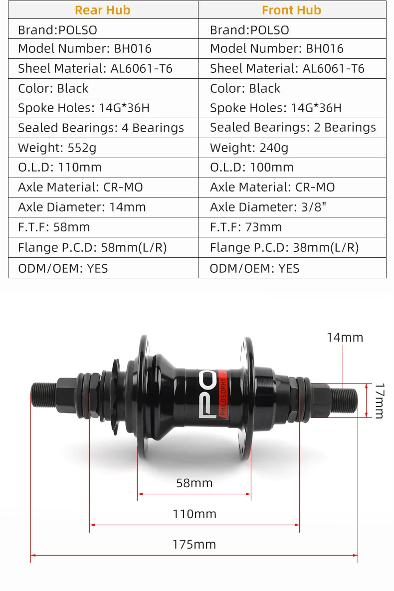 POLSO BH016 BMX Nabe 100x3/8 110x14mm BMX Vorder- und Hinterradnaben Aluminiumlegierung Fahrradteile – Detail 2
