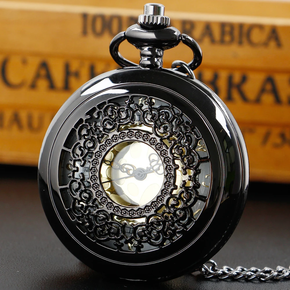 

Fashion Exquisite Retro Hollow Black Quartz Pocket Watch Unisex Luxury Gold Plate Inlaid Dial Pockets Chain Clock Gifts