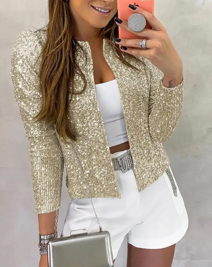 

2024 New Spring/summer Fashion Luxury and Elegant Women's Long Sleeve Open Front Sequin Short Coat