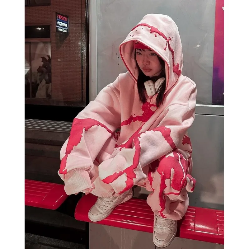 

Casual Hooded Print Sweatshirts Y2K Retro Men Women Hip Hop Long Sleeve Zipper Jacket Gothic Oversized Pants Suit Coats