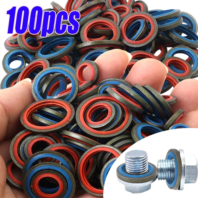 100pcs Car Engine Oil Pan Oil Drain Washer Kit Universal Rubber Metal Seal O-Ring M6-16 Bonded Washer Cars Drain Plug Gasket