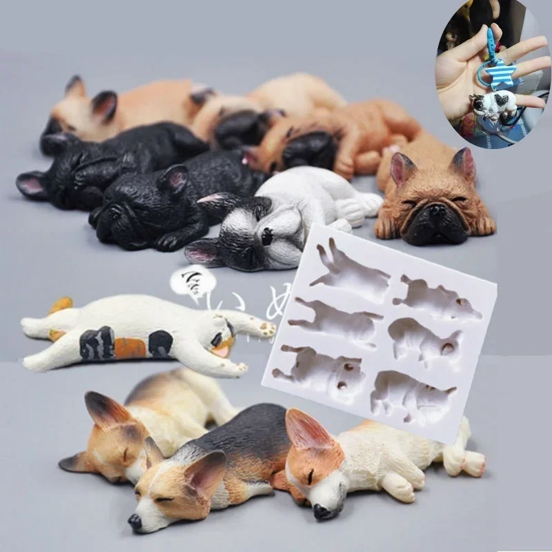 3D Cartoon Sleeping Animal Small Dog Handmade Sugar Flipping Silicone Mold Fox Sand Skin Dog Cat Kitchen Baking Chocolate Mold