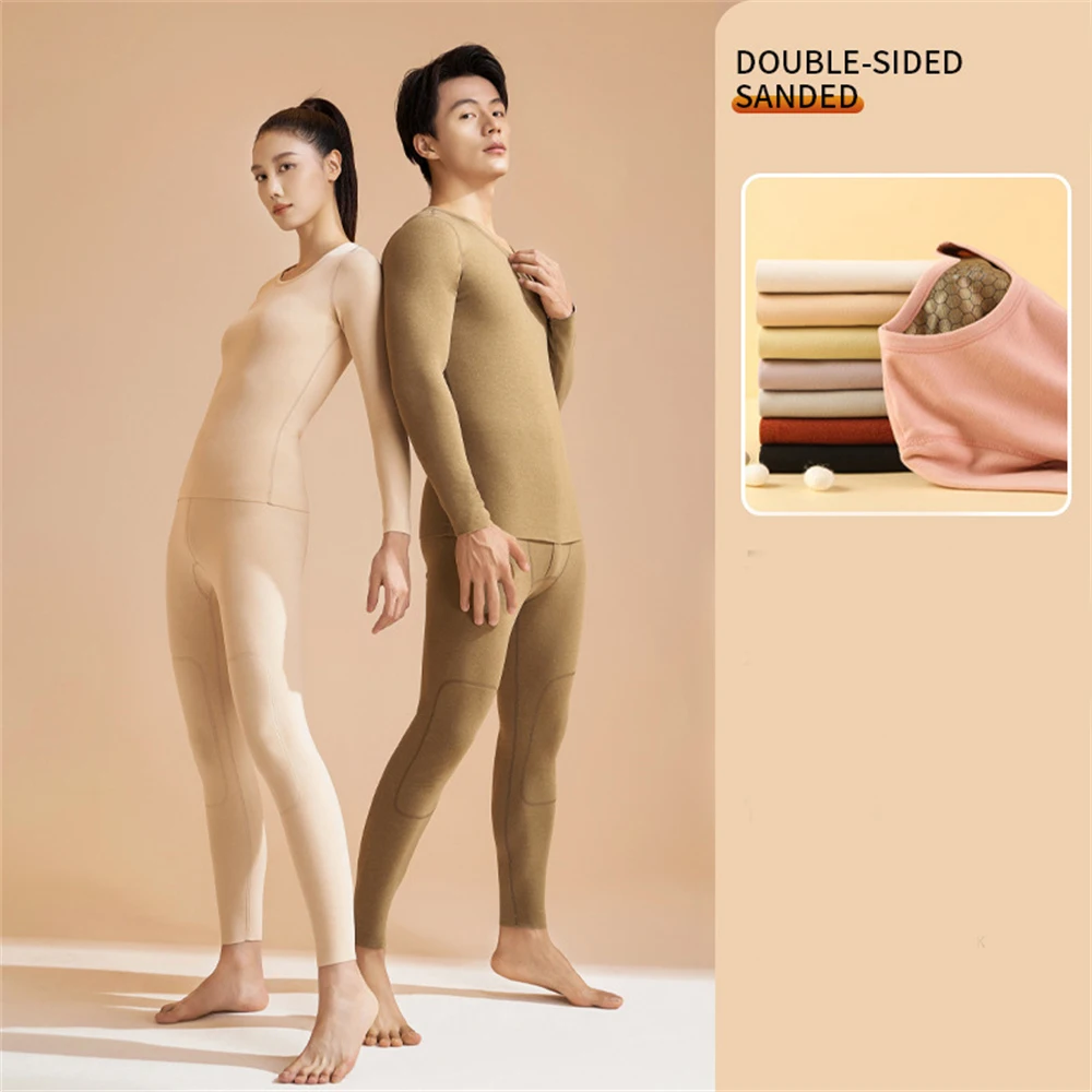 Women's Cashmere Thermal Underwear Set Winter Thick O-Neck Long-sleeved Trousers Two-piece Men High Elastic Warmth Lingerie Suit