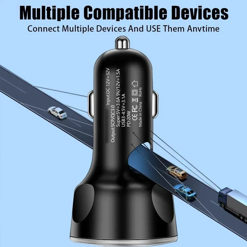 6 in 1 USB 차량용 충전기 QC3.1 고속 충전 4USB+2PD 포트 차량용 시거잭 플러그 차량용 충전기 디지털 디스플레이 포함 플래시 충전