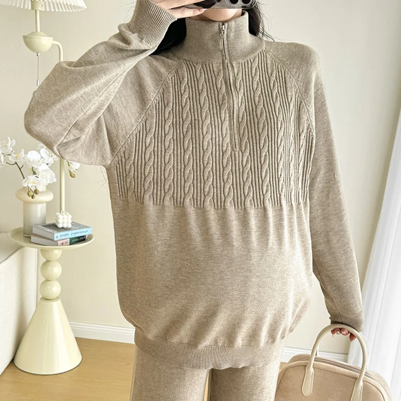 Winter Warm Maternity Sports Set Knitted Lapel Sweater Top+Wide-leg Pants 2pcs Pregnant Woman Korean Version Casual Suit
