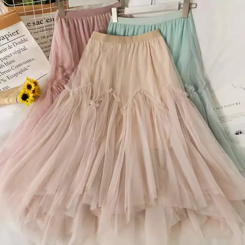 

2024 Women Sweet Irregular Mesh Skirts Summer Autumn Elastic High Waist Ruffles Lace Skirt Lady A-Line Large Hem Long Tutu Saia