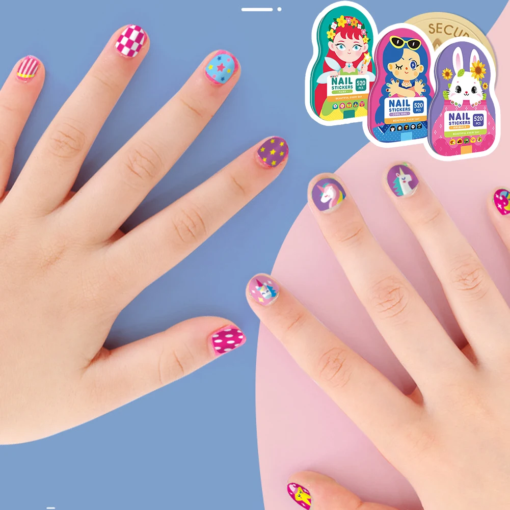 520pcsBoxChildrenNailStickersPinkCuteCartoonPatternChildrenNailStickersNailArt