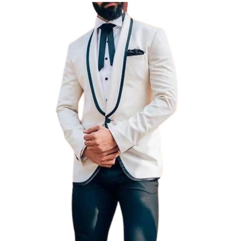 

2 Piece Groom Tuxedo For Wedding Prom Slim Fit Man Suits Ivory Jacket With Navy Blue Pants Male Fashion Costume