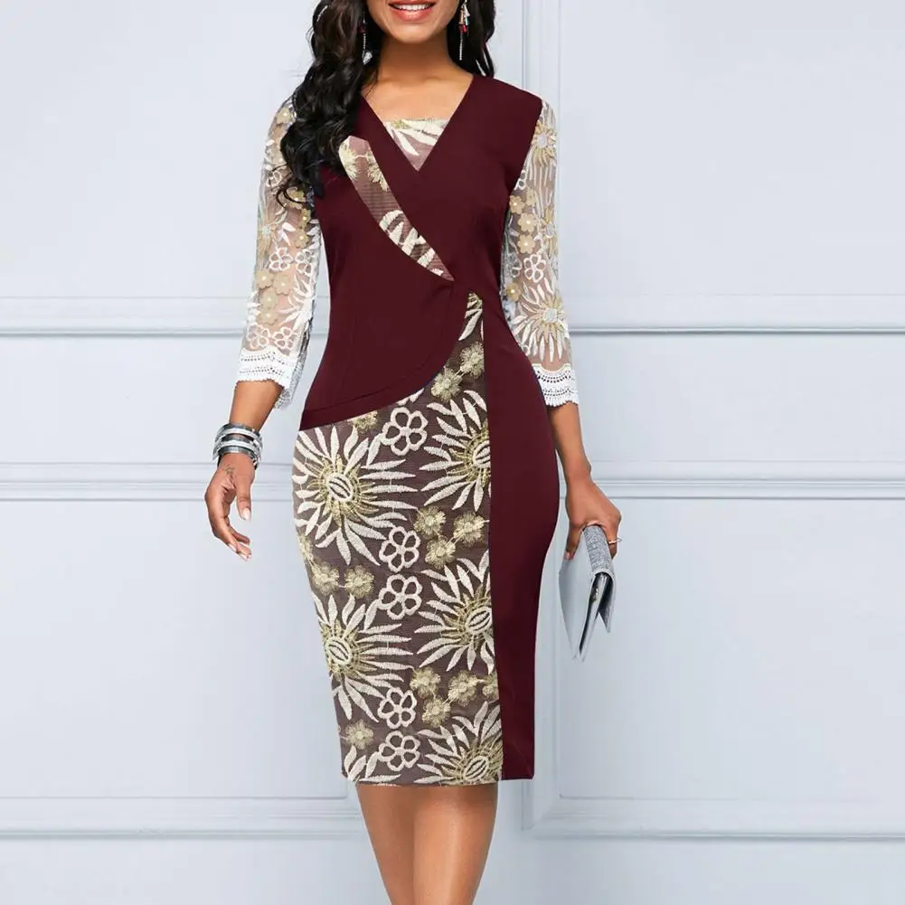 

Ladies Long Skirt with Splicing Details Fashionable Women's Printed V-neck Midi Dress Slim Fit 3/4 Sleeves for Parties Casual