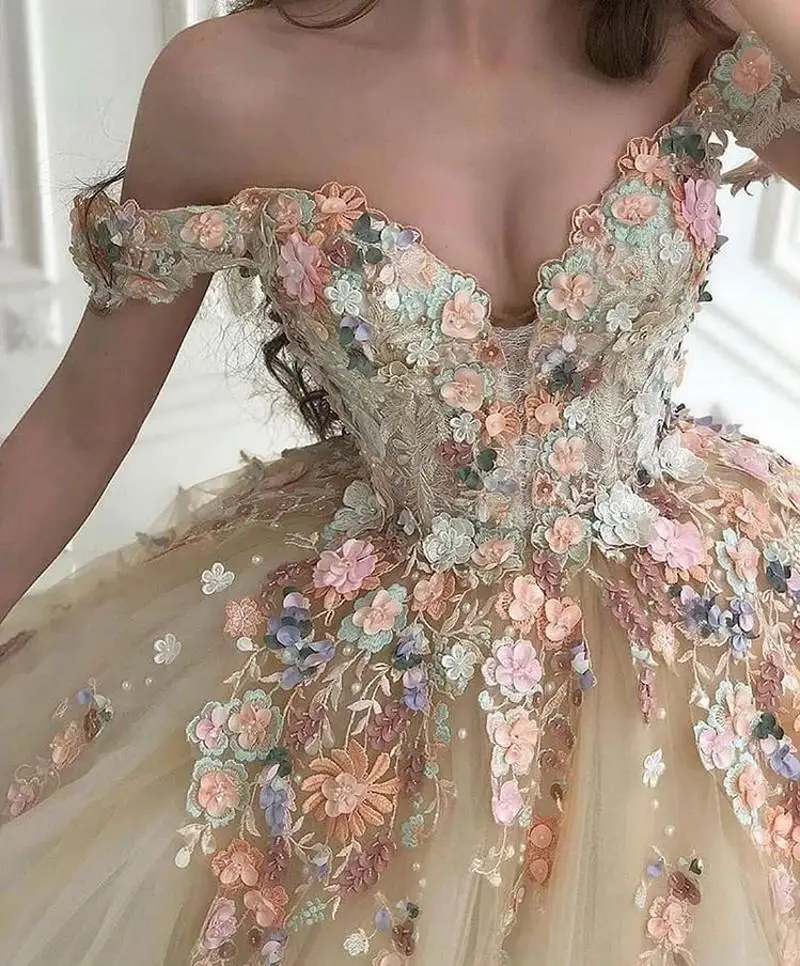 Champagne Fairy Princess Quinceanera Dresses Handmade Flower Floral Off Shoulder Sweep Train Prom Party Gown