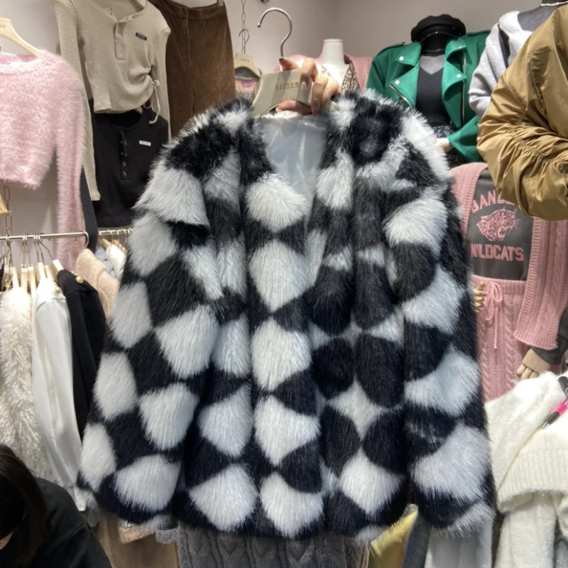 Winter Imitation Fur Jacket for Women Diamond-shaped Checkerboard Fashion Wool Lazy Windy Coat Thick Warm Fur All-match Cardigan