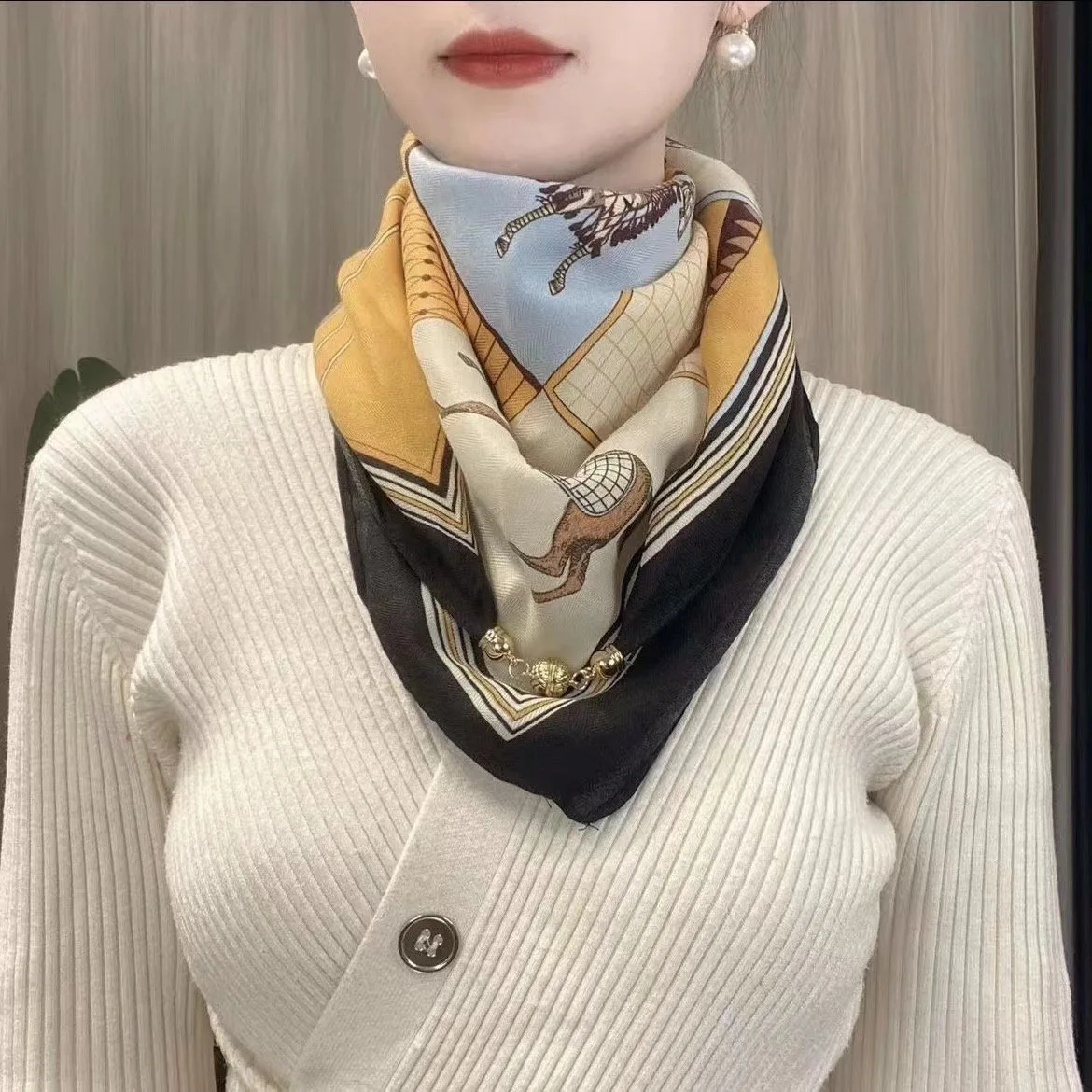 Women's Cotton Scarf Magnetic Button Square Triangle Spring Autumn Winter Western Style