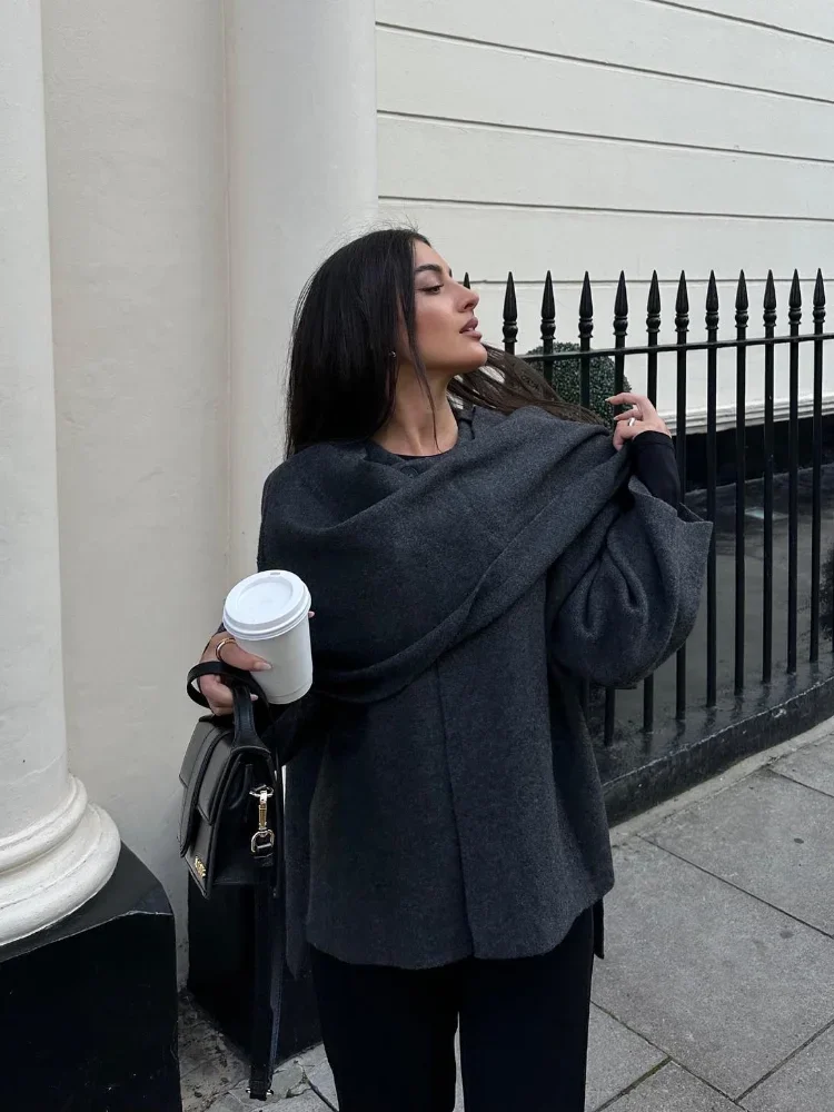 Women Fashion Scarf Decorated Woolen Jacket Casual Solid Long Sleeve Loose Warm Overcoat 2024 Autumn Winter New Lady Chic Coat 2