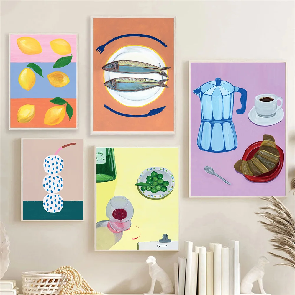 

Fruit Lemon Watercolor Painting Fishes Coffee Breakfast Art Prints Kitchen Wall Decorative Pictures Restaurant Canvas Posters