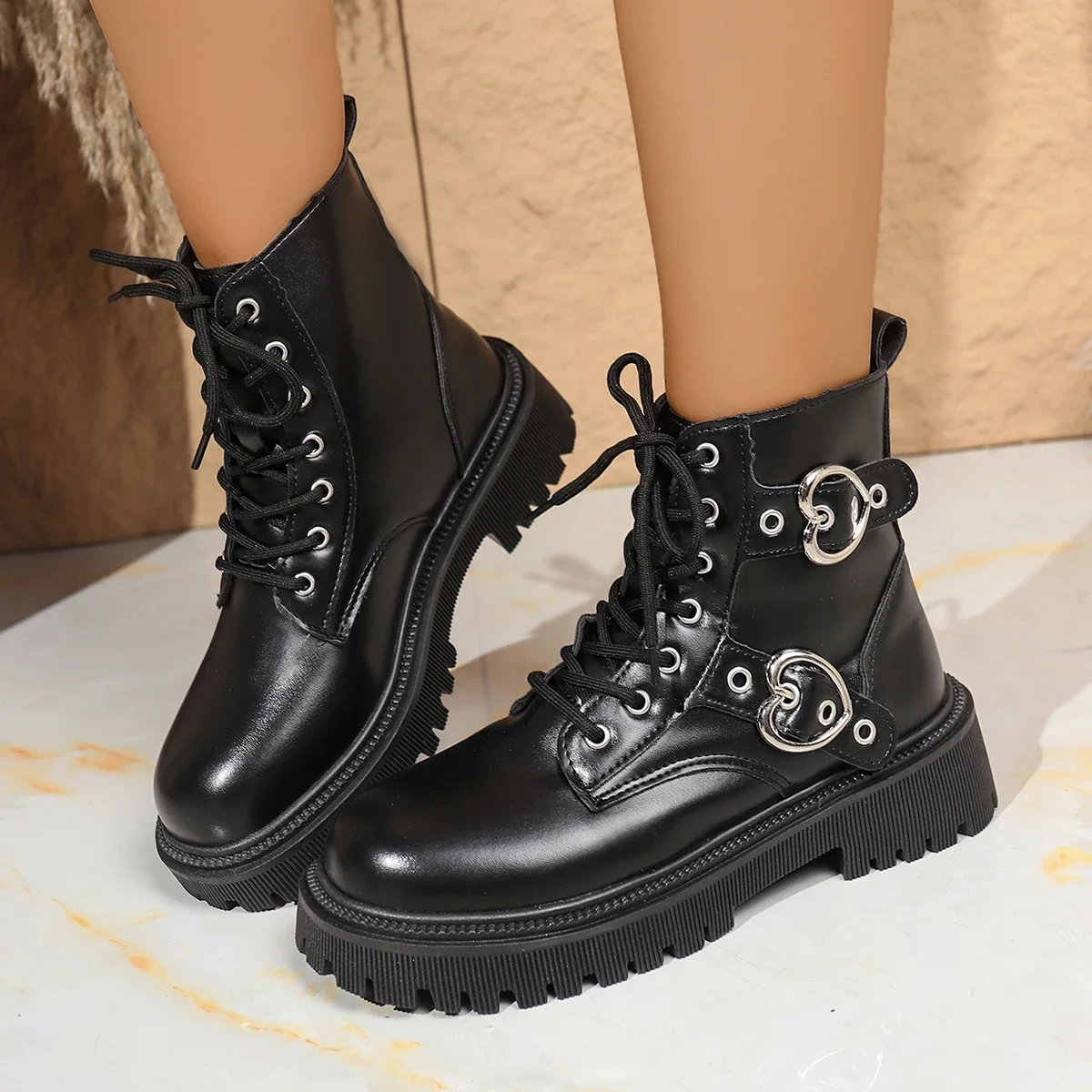 New Round Toe Fashionable Side Zipper Motorcycle Shoes Solid Color Elegant Warm Casual Lace-up Non-slip Women's Boots