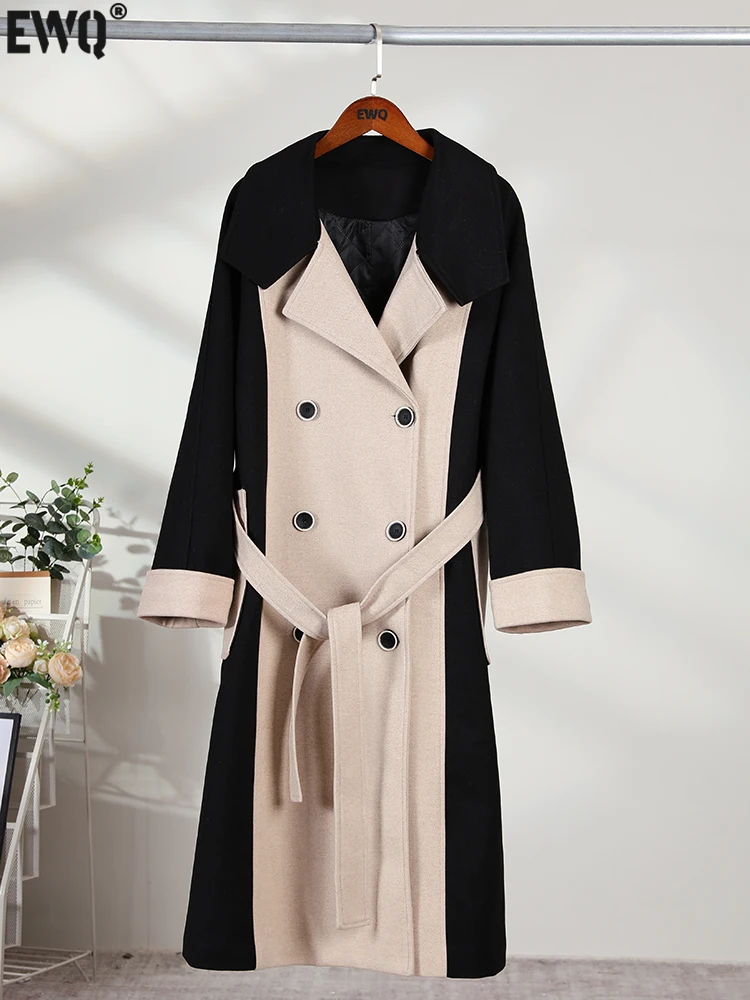 

[EWQ] Elegant Contrast Color Patchwork Woolen Coat Women Long Sleeve With Lace-up Cashmere Overcoat Autumn 2023 Winter New U534
