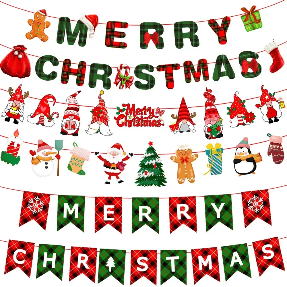 

Christmas Banners Cartoon Santa Claus Garlands Colorful Pendants Xmas Ornaments Happy 2024 New Year Merry Christmas Banners