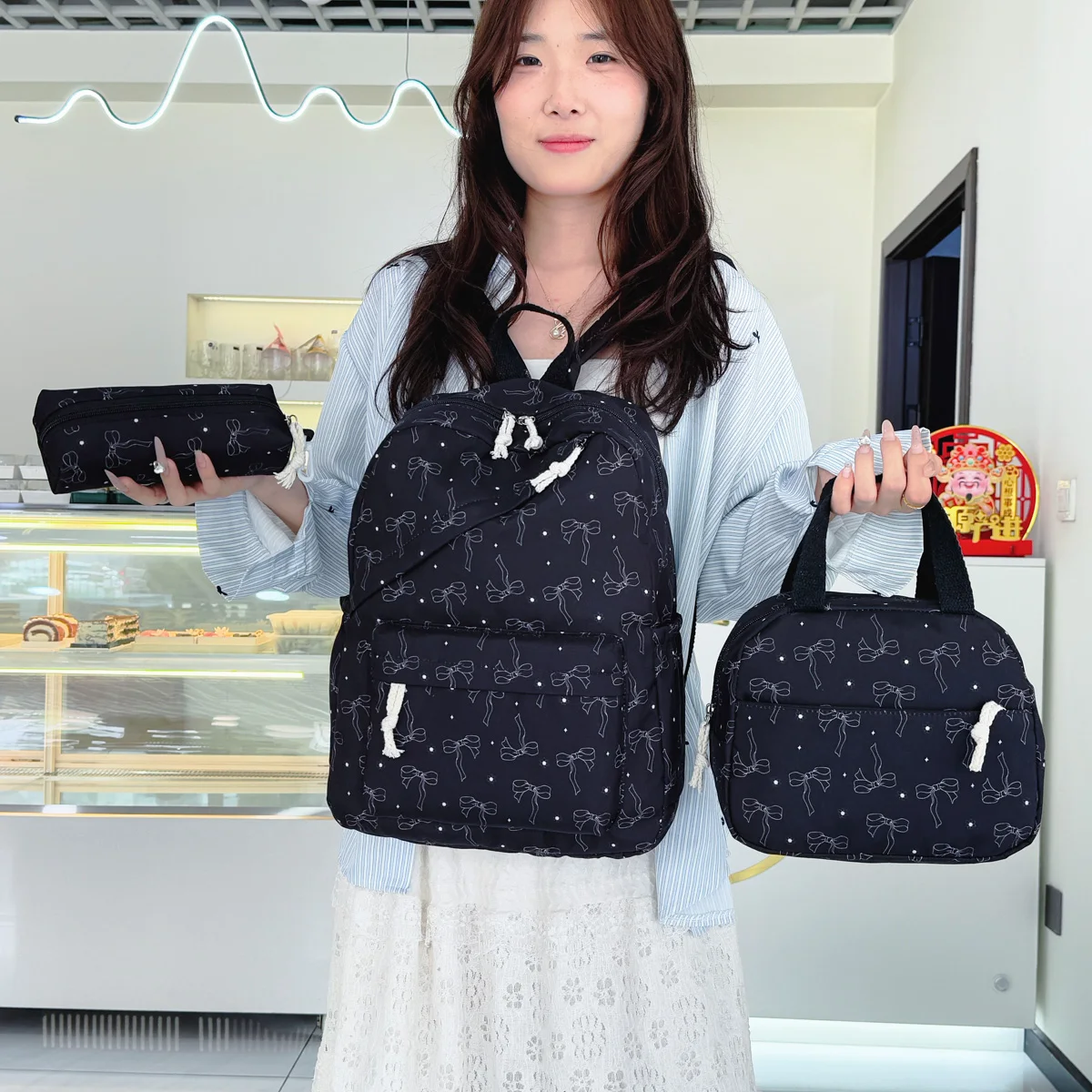 Sweet Girl Style Bow Print Three Piece Backpack Set Nylon Lightweight Large Capacity Backpack Campus Commuting Student Backpack 5