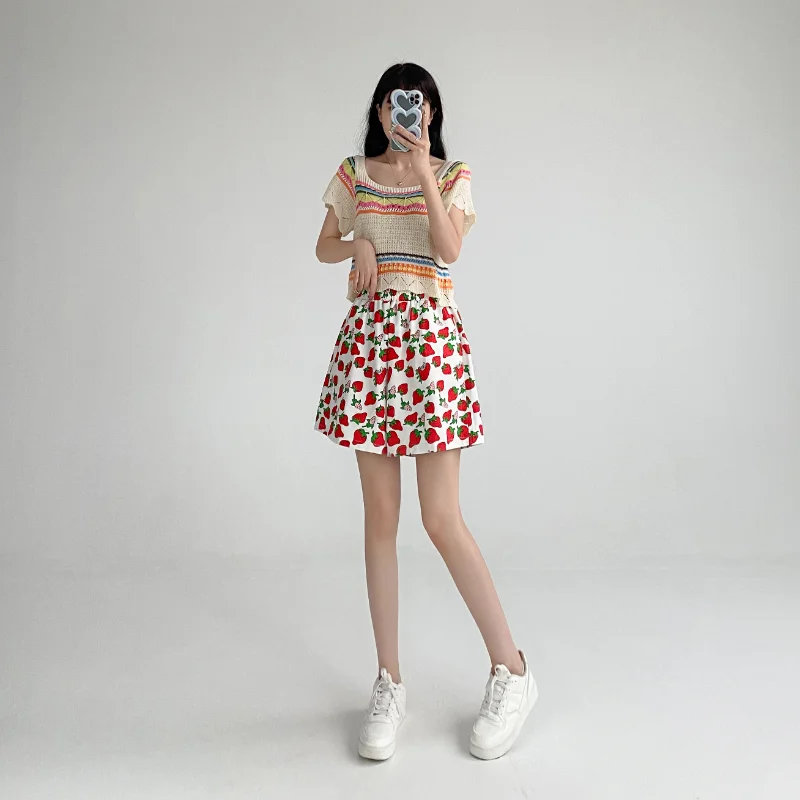 Summer New Fashion Strawberry Printed Denim Short Pants Women Harajuku Loose High Waist Jean Shorts Female