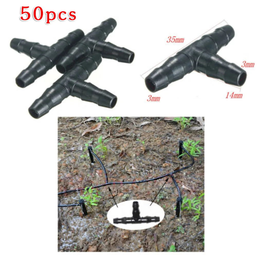 

50PCS Barb Tee Piece 3 Way 4/7mm Connector Garden Watering Pipe Hose T Joint Micro Drip Irrigation Tool 1/4'' Couplings Tool